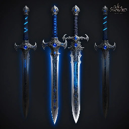 A Fantasy longsword or Bastardsword, with a dark silver blade, ornate blue glowing runes engraved along the entire length of the blade, an ornate crossguard, and a dark hilt with a sapphire gemstone set at the end.