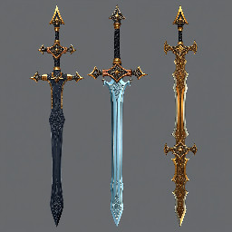 Generate 3 unique swords with different appearances and with different powers