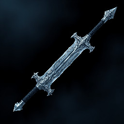Large longsword with black leather-wrapped hilt. Long silver cross guard and a silver pommel. The steel blade is very long with an icy hue.