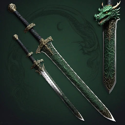 A Katana with a black blade and a dragon bone hilt with dark green stings