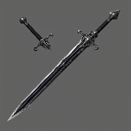 Creat a image. I need a estoc sword for a character 52 inches  this estock also has a sharp blade  its primarily for thrusting this one can slash also. The blade is made out of star metal it's black is grey but almost black  the guard looks like a lomgswords guard grey black also the handle is made od ebonet wood the pummel is a round ball the blad looks simple with no elaborate flares orher then the colors and the metal itself
