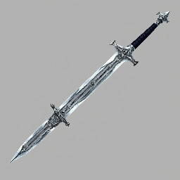 Large longsword with black leather-wrapped hilt. Long silver cross guard and a silver pommel. The steel blade is very long with an icy hue.
