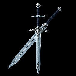 Large longsword with black leather-wrapped hilt. Long silver cross guard and a silver pommel. The steel blade is very long with an icy hue.