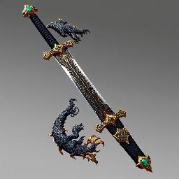single edged black dragon ninjatō with a emerald-gold dragon guard with a black hilt and emerald pommel