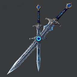 A silver and blue blade that has a crescent moon on the cross guard as the blade glows a light blue