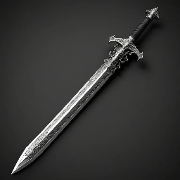 Large longsword with black leather-wrapped hilt. Long silver cross guard and a silver pommel. The steel blade is very long with an icy hue.