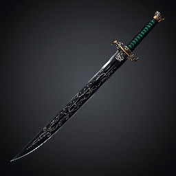 A Katana with a black blade and a dragon bone hilt with dark green stings