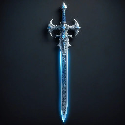 A silver and blue blade that has a crescent moon on the cross guard as the blade glows a light blue