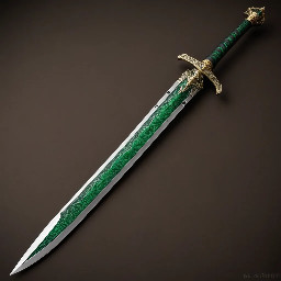 An Epic Dragon Ninja Sword. Single Edged, emerald golden dragon guard, black and silver steel glowing blade with emerald runes in them followed by a black handle and emerald pommel with green lightning
