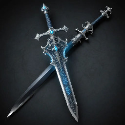 A silver and blue longsword that has a crescent moon on the cross guard as the blade glows a light blue