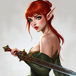 Red-haired elf, light green almond-shaped eyes, long, thick eyelashes, lined red lips, waist-length hair; athletic, with a small waist, large breasts, pronounced hips and medium-sized, rounded buttocks, shapely legs, dressed in low-cut, short,