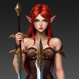 Red-haired elf, light green almond-shaped eyes, long, thick eyelashes, lined red lips, waist-length hair; athletic, with a small waist, large breasts, pronounced hips and medium-sized, rounded buttocks, shapely legs, dressed in low-cut, short,