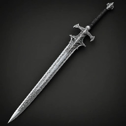 Large longsword with black leather-wrapped hilt. Long silver cross guard and a silver pommel. The steel blade is very long with an icy hue.