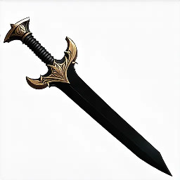 Dvosjek, a simple looking, handguard less blade, straight blade, the tip-edge at the end rapidly kinkes to the back side forming a 60° angle with the back edge. it is quite flat and mythril, the handle is made from black shark leather, it is designed to fit it a calf-sheet of a ninja and is used with an identical twin-sword,