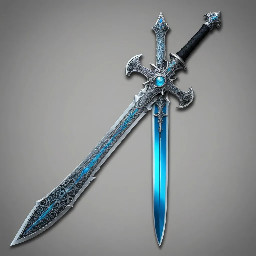 A silver and blue blade that has a crescent moon on the cross guard as the blade glows a light blue