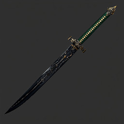 A Katana with a black blade and a dragon bone hilt with dark green stings