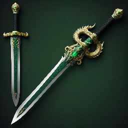 single edged dragon ninjatō with a emerald-gold dragon guard with a black hilt and emerald pommel