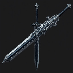 A Massive Sword that takes the appearance of a War like Greatwsord made of a Black and White like Titanium metal, The handle being Black with a pattern of gray, and The black having Cracks in it, Being Extremely long and Powerful blade.