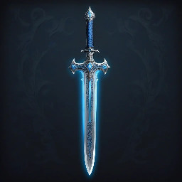 A silver and blue longsword that has a crescent moon on the cross guard as the blade glows a light blue