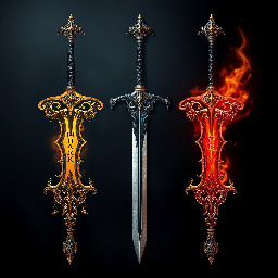 one sword that represents light and life with hint of gold in it like text or something and one sword that represents dark and death with a hint of red in it like text or something