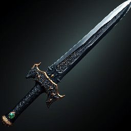 single edged black dragon ninjatō blade with a emerald-gold dragon guard with a black hilt and emerald pommel, with runes on the blade
