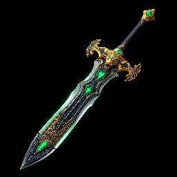 An Epic Dragon Ninja Sword. Single Edged, emerald golden dragon guard, black and silver steel glowing blade with emerald runes in them followed by a black handle and emerald pommel with green lightning