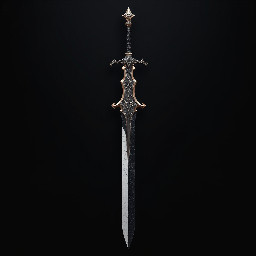 A Massive Sword that takes the appearance of a War like Greatwsord made of a Black and White like Titanium metal, The handle being Black with a pattern of gray, and The black having Cracks in it, Being Extremely long and Powerful blade.