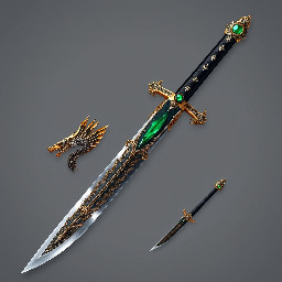 single edged dragon ninjatō with a emerald-gold dragon guard with a black hilt and emerald pommel