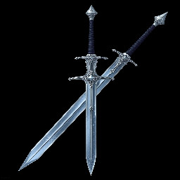 Large longsword with black leather-wrapped hilt. Long silver cross guard and a silver pommel. The steel blade is very long with an icy hue.