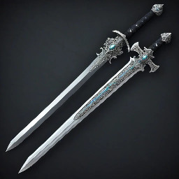 Large longsword with black leather-wrapped hilt. Long silver cross guard and a silver pommel. The steel blade is very long with an icy hue.