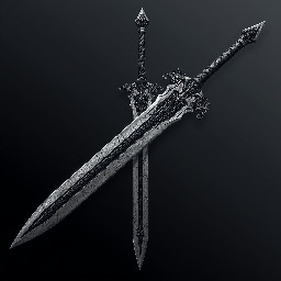 A Massive Sword that takes the appearance of a War like Greatwsord made of a Black and White like Titanium metal, The handle being Black with a pattern of gray, and The black having Cracks in it, Being Extremely long and Powerful blade. the sword is ment to be wielded with two hands.