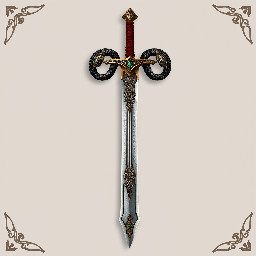 a longsword with a long blade with a deep fuller, a bronze cross guard that curves slightly towards the blade, a grip wrapped in dark red leather, and a pommel shaped like two snake heads with emerald eyes curled around each other