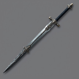 Dvosjek, a simple looking, handguard less blade, straight blade, the tip-edge at the end rapidly kinkes to the back side forming a 60° angle with the back edge. it is quite flat and mythril, the handle is made from black shark leather, it is designed to fit it a calf-sheet of a ninja and is used with an identical twin-sword,