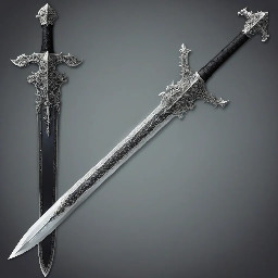 Large longsword with black leather-wrapped hilt. Long silver cross guard and a silver pommel. The steel blade is very long with an icy hue.