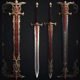 one sword that represents light and life with hint of gold in it like text or something and one sword that represents dark and death with a hint of red in it like text or something