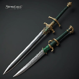 A Katana with a black blade and a dragon bone hilt with dark green stings