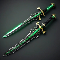 An Epic Dragon Ninja Sword. Single Edged, emerald golden dragon guard, black and silver steel glowing blade with emerald runes in them followed by a black handle and emerald pommel with green lightning