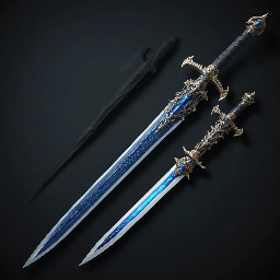 Two dagger with a handle made from bones. The two blades from the different dagger are a glowing dark blue blade of magic