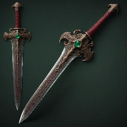 a longsword with a long blade with a deep fuller, a bronze cross guard that curves slightly towards the blade, a grip wrapped in dark red leather, and a pommel shaped like two snake heads with emerald eyes curled around each other