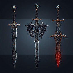 Generate 3 unique swords with different appearances and with different powers