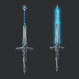 A silver and blue longsword that has a crescent moon on the cross guard as the blade glows a light blue