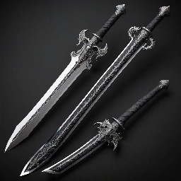 A Massive Sword that takes the appearance of a War like Greatwsord made of a Black and White like Titanium metal, The handle being Black with a pattern of gray, and The black having Cracks in it, Being Extremely long and Powerful blade.