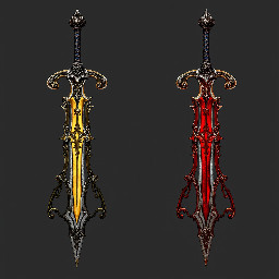 one sword that represents light and life with hint of gold in it like text or something and one sword that represents dark and death with a hint of red in it like text or something