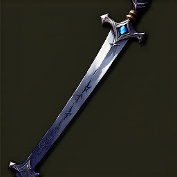 A Fantasy longsword or Bastardsword, with a dark silver blade, ornate blue glowing runes engraved along the entire length of the blade, an ornate crossguard, and a dark hilt with a sapphire gemstone set at the end.