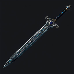 A Fantasy longsword or Bastardsword, with a dark silver blade, ornate blue glowing runes engraved along the entire length of the blade, an ornate crossguard, and a dark hilt with a sapphire gemstone set at the end.