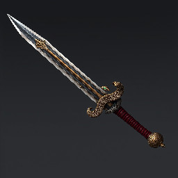 a longsword with a long blade with a deep fuller, a bronze cross guard that curves slightly towards the blade, a grip wrapped in dark red leather, and a pommel shaped like two snake heads with emerald eyes curled around each other