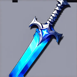 A silver and blue longsword that has a crescent moon on the cross guard as the blade glows a light blue